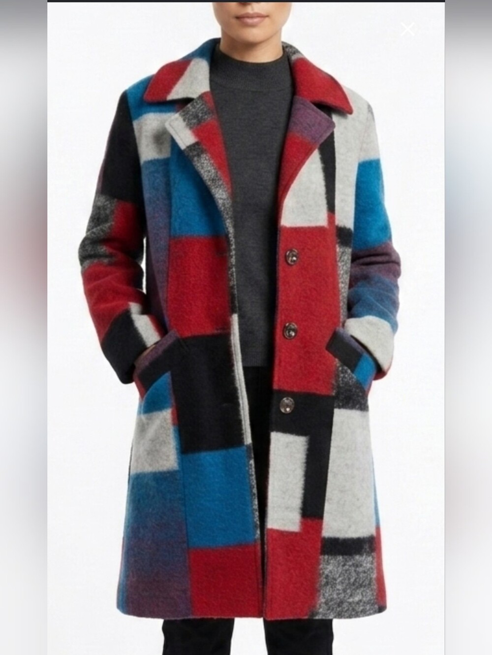 Alison Sheri Colorblock Wool Blend Coat XL Geometric Patchwork 80s Style Long